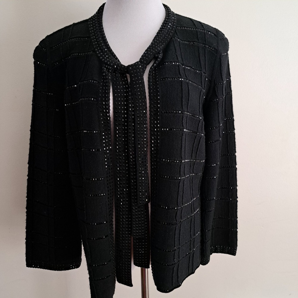 Georgio Armani Black Embellished Knit Cardigan Jacket with Tie Neck